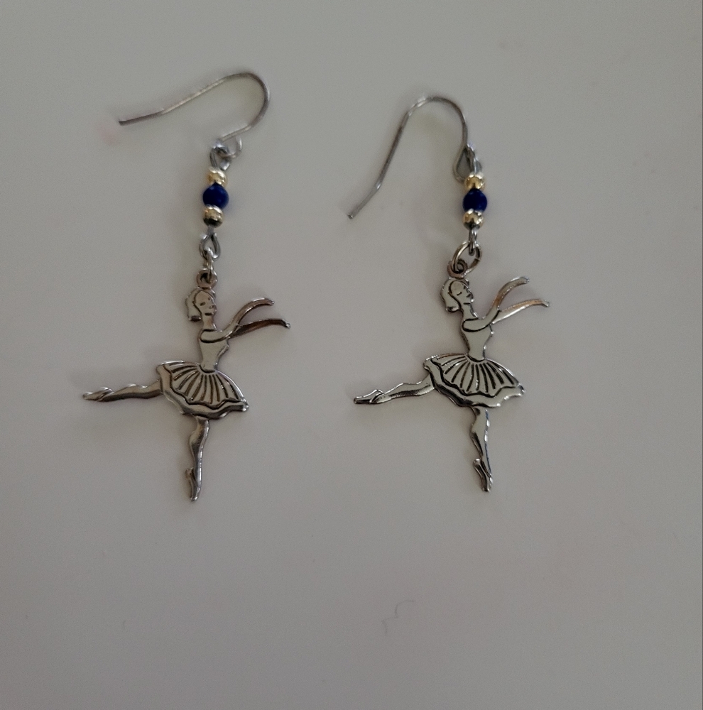 3/$15 Vintage Ballerina Drop Fishhook Earrings Gold-tone Metal with Blue Beads - Picture 1 of 3